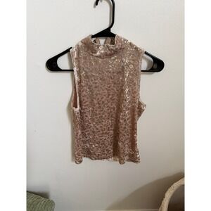 525 America Women Pink Velvet Gold Metallic Leopard Mock Neck Sleeveless Top S